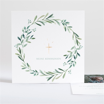 Einladung Kommunion blätter und vergoldung - kreuz
