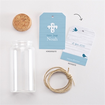 Glasfläschchen mit Korken Taufe blaue schleife - vue 3