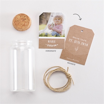 Glasfläschchen mit Korken Taufe foto auf kraftpapier - vue 3