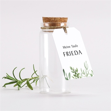 Glasfläschchen mit Korken Taufe kraftpapier und pflanzenmotiv