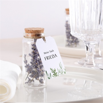 Glasfläschchen mit Korken Taufe kraftpapier und pflanzenmotiv - vue 2