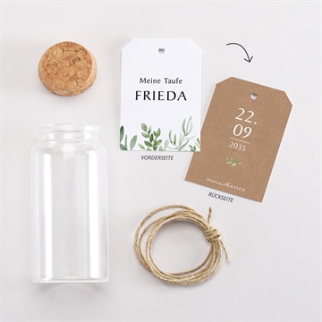 Glasfläschchen mit Korken Taufe kraftpapier und pflanzenmotiv - vue 3