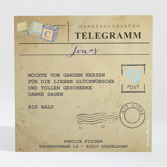 Dankeskarte Geburt Telegramm Jungen ref.N300414