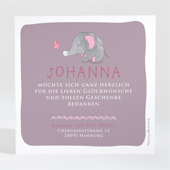 Dankeskarte Geburt Rosa Elefant ref.N300615