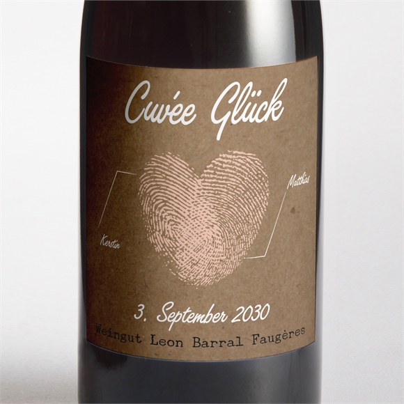 Flaschenetikett Hochzeit herzabdruck