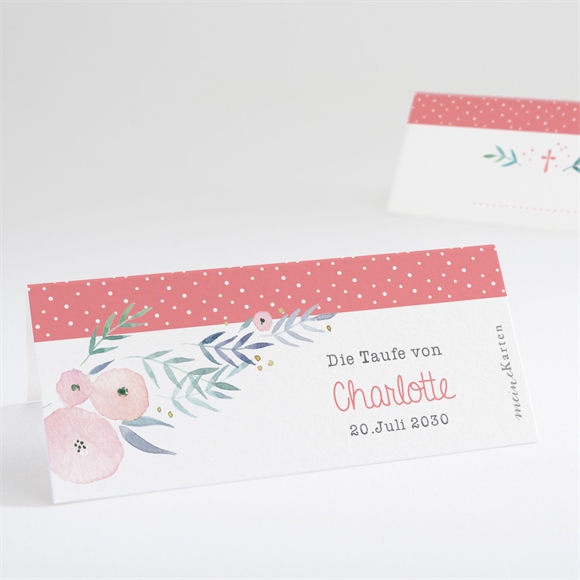 Tischkarte Taufe Pünktchen mit Blumen ref.N440697