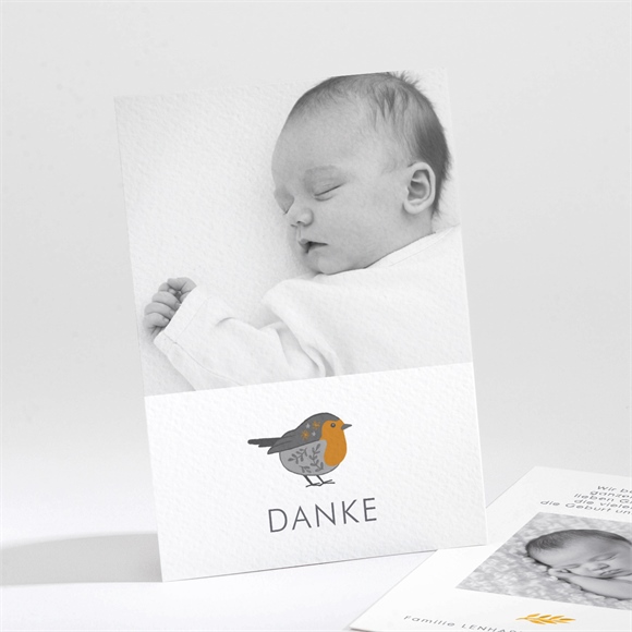 Dankeskarte Geburt rotkehlchen mit vergoldung