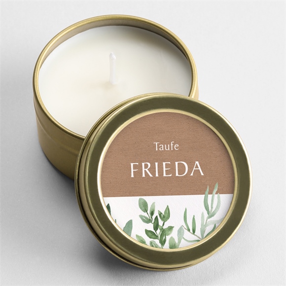 Kerze Taufe Kraftpapier und Pflanzenmotiv ref.N360450