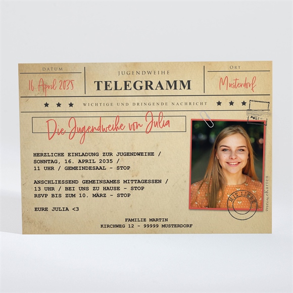 Einladungskarte Jugendweihe Telegramm zur Jugendweihe ref.N110258