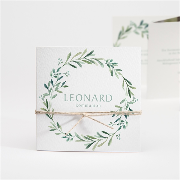 Einladung Kommunion blätter und vergoldung-kordel