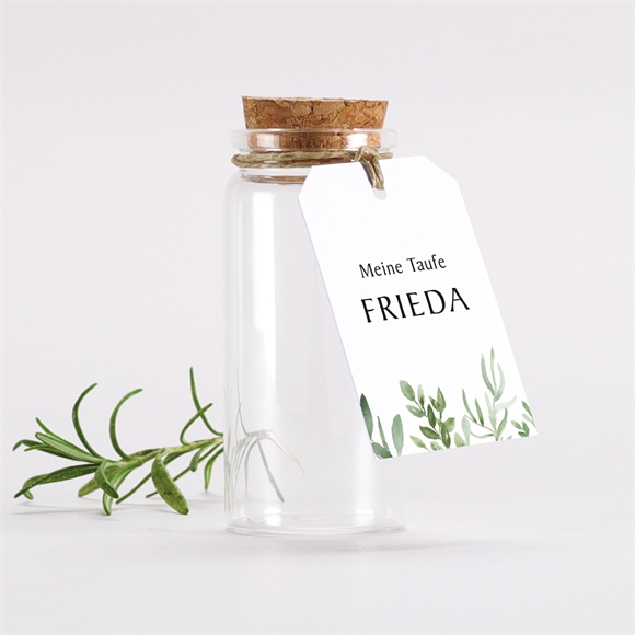 Glasfläschchen mit Korken Taufe Kraftpapier und Pflanzenmotiv ref.N291392